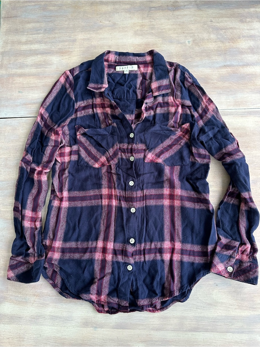 Harper Navy and Pink Soft Plaid Button-Down Flannel Shirt